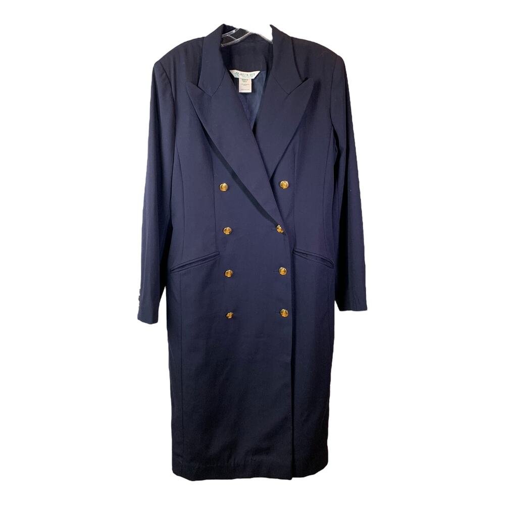 Austin Reed Coat Womens 12 Navy Blue Worsted‎ Wool Double Breasted Gold Buttons
